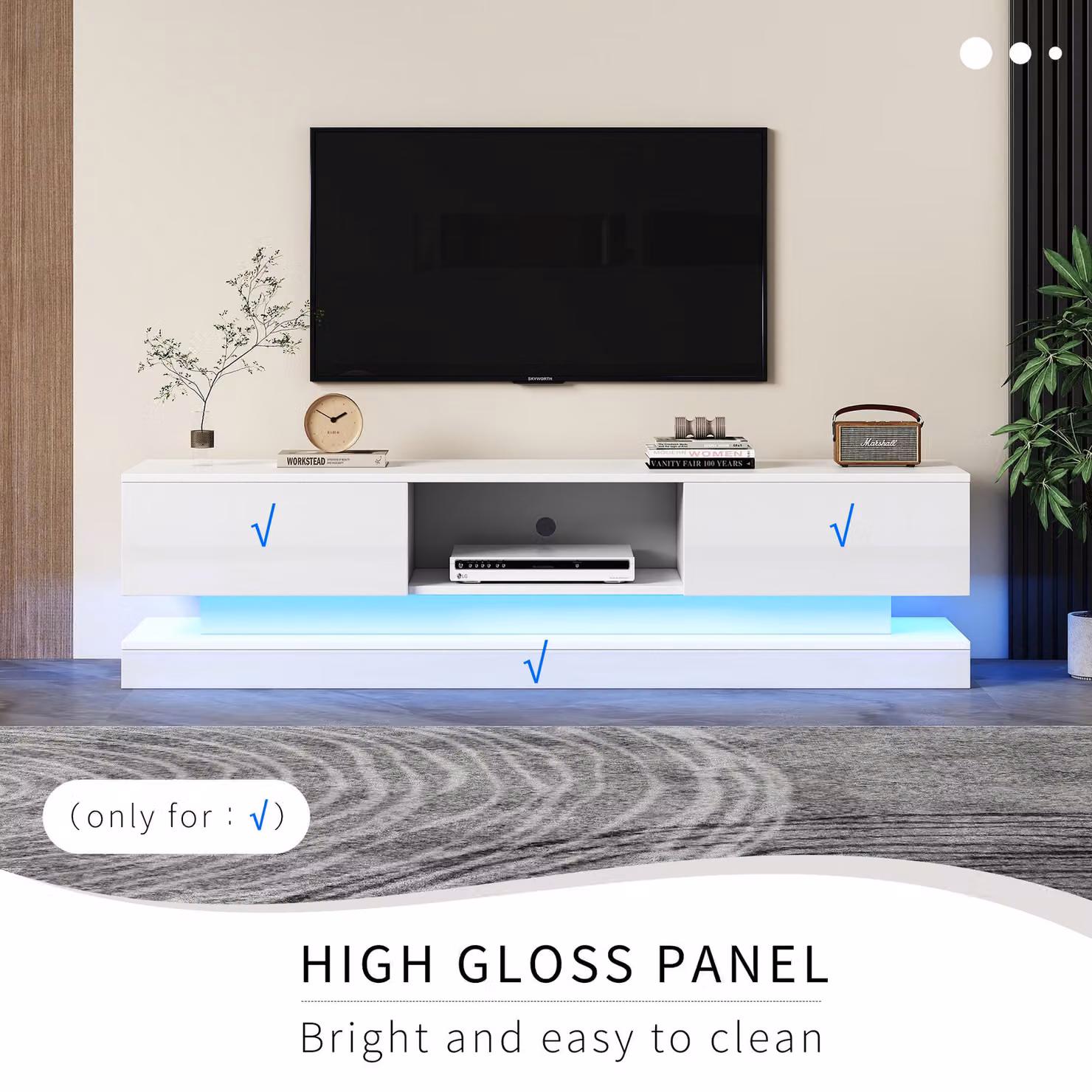 Aosom UK White High Gloss TV Table with 16-Colour LED Lights and 2 Drawers for TVs up to 79 inches – 3