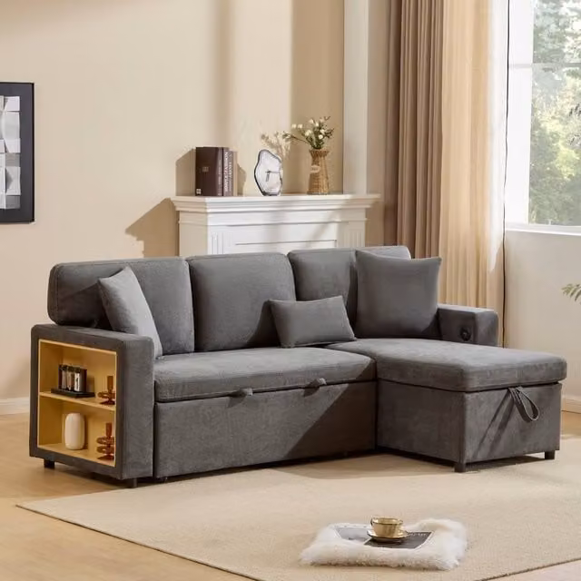 Rolipo Dark Grey 3 Seater L-Shape Corner Sofa Bed with Pull Out Drawer and Storage – 1