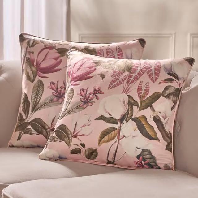 OHS Pack of 2 Square Matte Velvet Floral Cushion Covers in Blush Pink