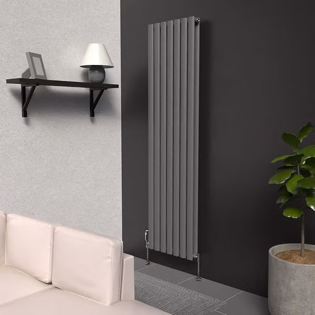 Lux Heat Anthracite Grey Oval Vertical Double Panel Designer Radiator, H 160 cm x W 42 cm x D 1.35 cm