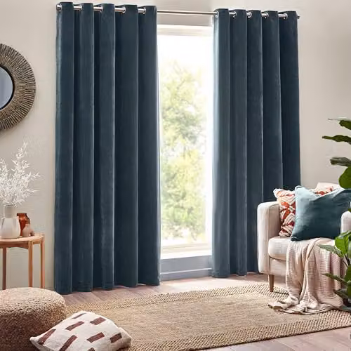 Riva Home Blue Chenille Velvet Eyelet Curtains, H 229 cm x W 183 cm – 2
