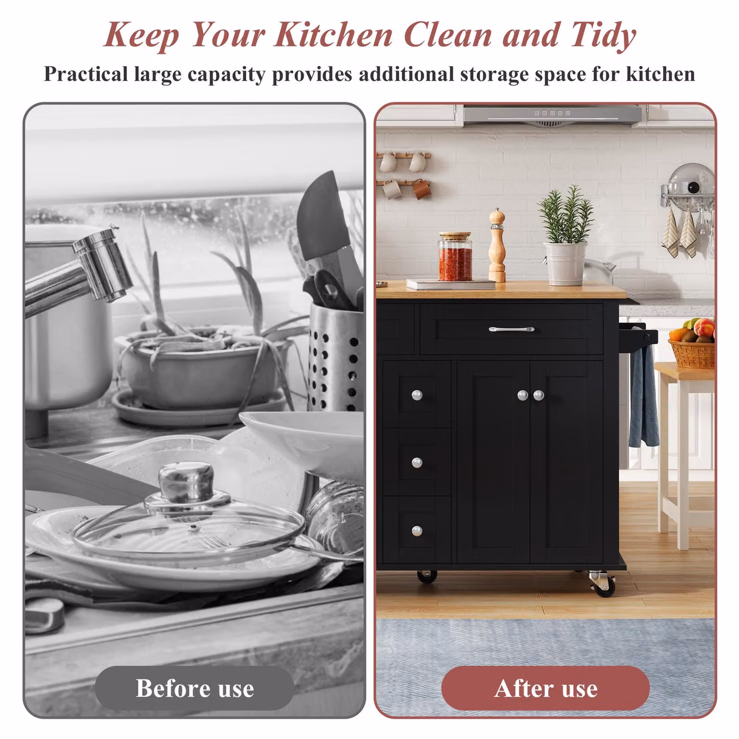 Aosom UK Versatile Kitchen Trolley with Extendable Worktop and 5 Drawers in Black and Natural, W: 65 cm, D: 65 cm, H: 89 cm – 6