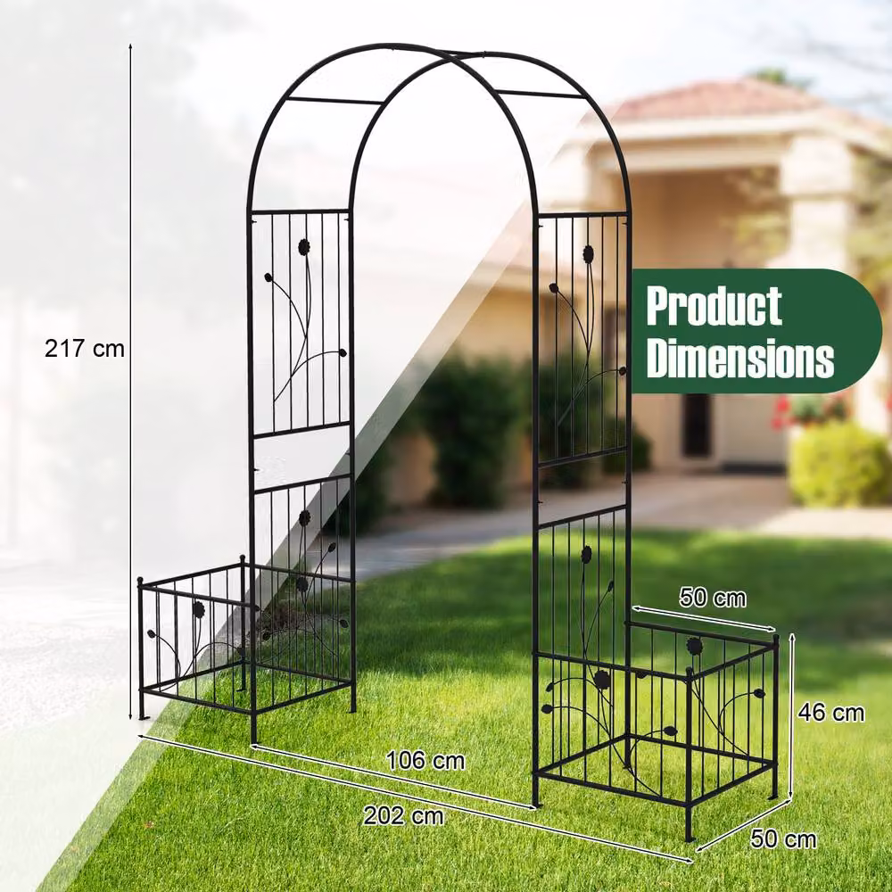 Gymax Metal Garden Arbor Arch Trellis with Planter Boxes in Black, Height: 217 cm – 2