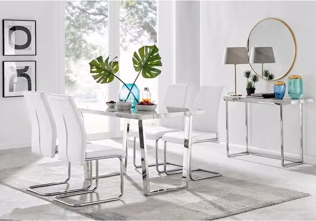 FurnitureboxUK Kylo White Marble Effect Rectangular Dining Table and 4 Lorenzo Chairs in White, Silver and Grey