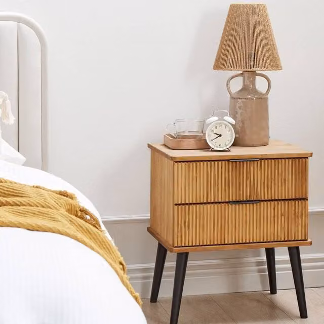 Wyld and Coco Mid-Century Waxed Pine Bedside Table with 2 Drawers in Brown and Black, W/D/H: 40 x 40 x 56 cm