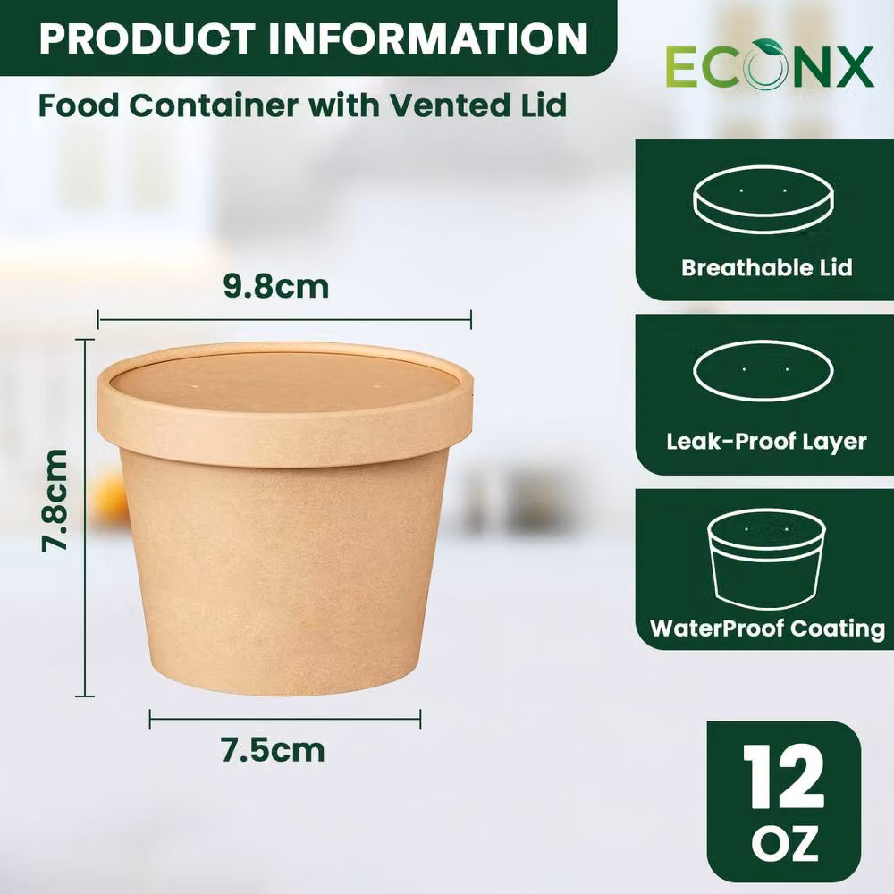 ECONX Disposable Brown Kraft Paper Soup Containers with Lids, 12oz, 25 Pack – 9