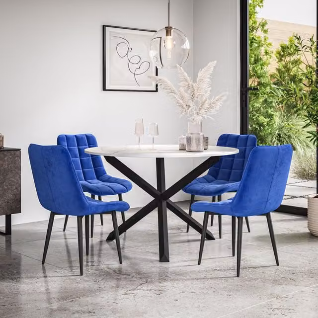 More4Homes Malvern Round Dining Table and Set of 4 Nova Blue Velvet Chairs with Marble Top and Black Oak Legs, Diameter: 120 cm, Height: 75 cm – 1
