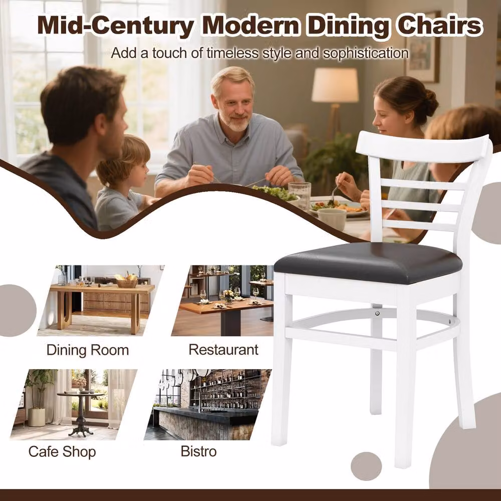 Costway Set of 2 Mid-Century Modern White PU Leather Upholstered Dining Chairs with Rubberwood Legs – 3