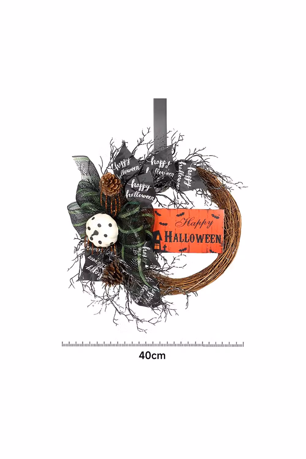 Living and Home Multicolour Halloween Wreath with Pumpkin, Bow, Pine Cones and Halloween Sign, Diameter: 40 cm – 3