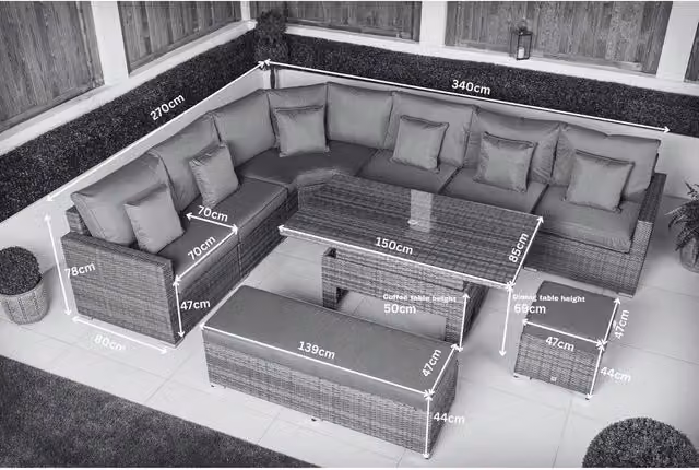 Giardino Santorini L-Shape Rattan Garden Furniture Set in Brown with Upholstered Cushions and Outdoor Coffee Table