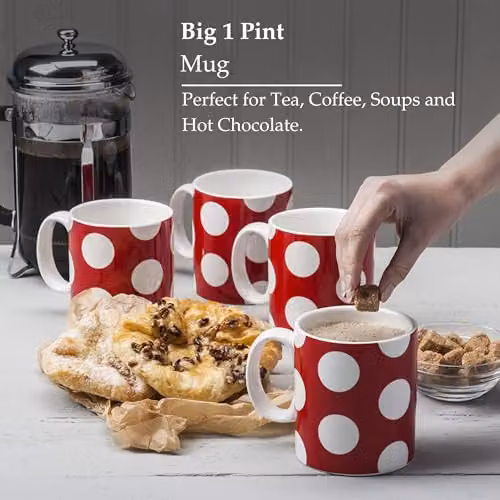 WM Bartleet & Sons 1750 Set of 4 Red and White Dotted Porcelain Mugs, 568 ml – 3