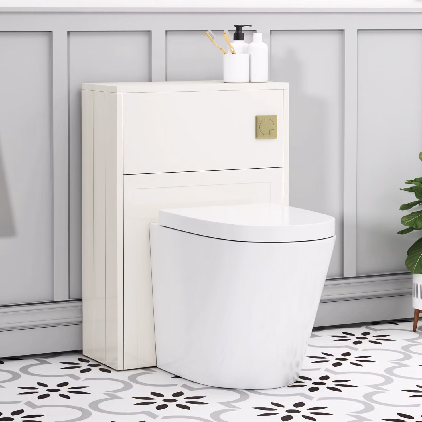 Royal Bathrooms Elmore White Ceramic BTW WC Unit with Cesar Rimless Toilet Pan, Seat and Cistern, Width: 55 cm