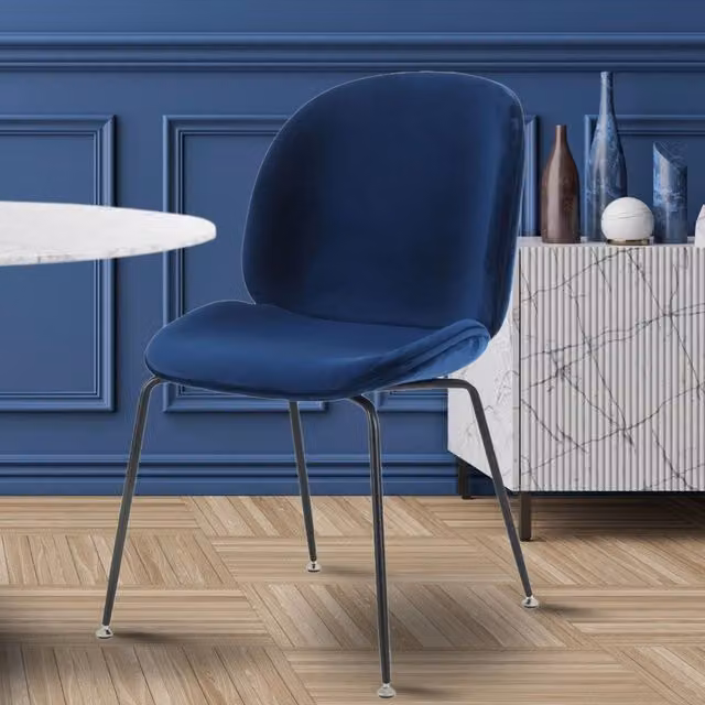 Fusion Living Modern Navy Blue Velvet Dining Chair with Black Metal Legs