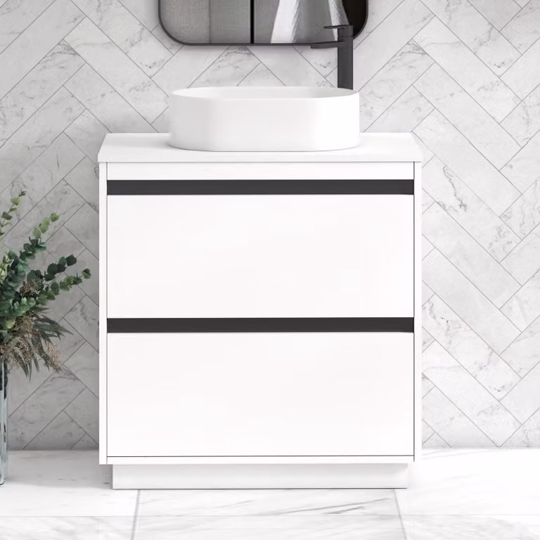 Royal Bathrooms Orion 800mm Matt White Floor Standing 2 Drawer Vanity Unit with Peak Basin and Black Accent Trim