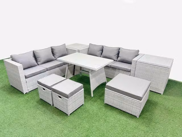Fimous 9-Seater Patio Set with Rectangular Table, 3-Seater Sofa and 2 Side Tables in Light Grey