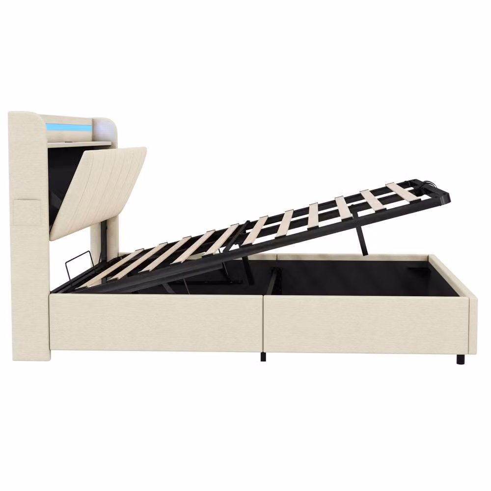 BTM King Bed with Hydraulic Storage, LED Lighting and USB Charging Headboard in Beige, W/D/H: 150 x 200 x 155 cm – 6