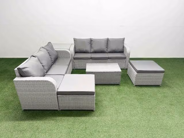 Fimous 8 Seater Grey Rattan Garden Furniture Set with High Back Sofa, Rectangular Coffee Table and 2 Ottomans