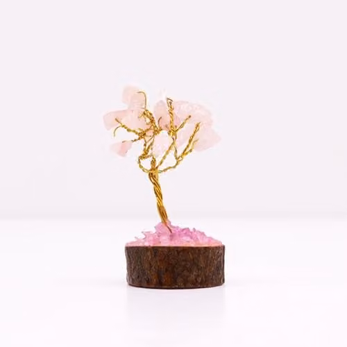 Thunder Tribes KDMD Mini Rose Quartz Gemstone Energy Tree with Wood Base in Pink