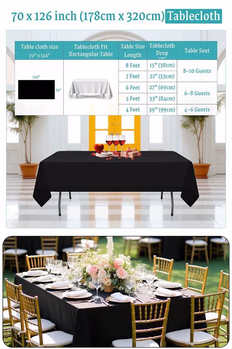 Neel Blue 10-Piece Premium Polyester Rectangular Tablecloth Set in Black, W: 177.8 cm x L: 320.04 cm