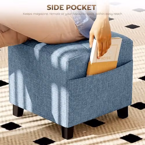 HOMCOM Square Fabric Ottoman Footstool with Side Pocket in Blue, W/D/H: 35 x 35 x 35 cm – 4