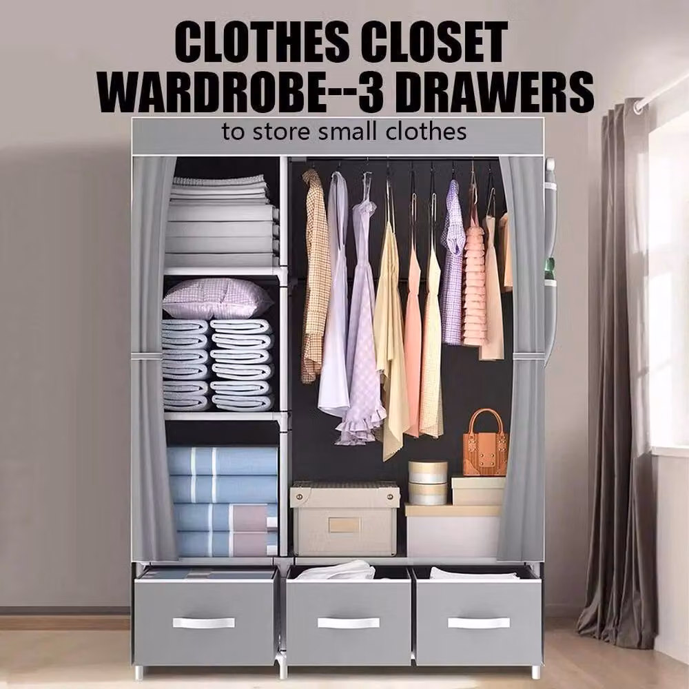 KORVIXA Fabric Canvas Closet with Hanging Rod and Shelves in Grey, W/D/H: 100 x 100 x 100 cm – 4