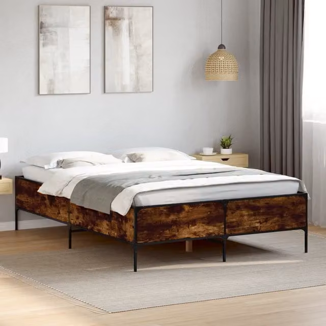 Berkfield Home Smoked Oak Bed Frame in Brown, W/D/H: 140 x 190 cm – 1