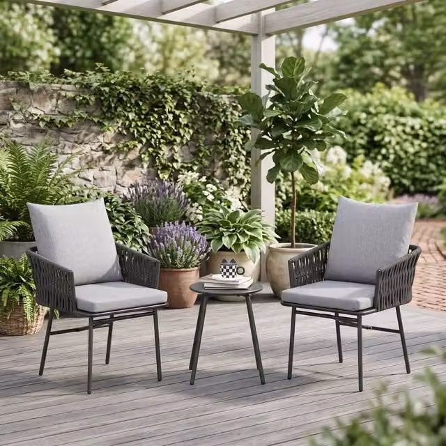 ERGOVEXA 3-Piece Grey Polyrattan Bistro Set with Square Metal Table and Chairs for Garden, Balcony or Terrace