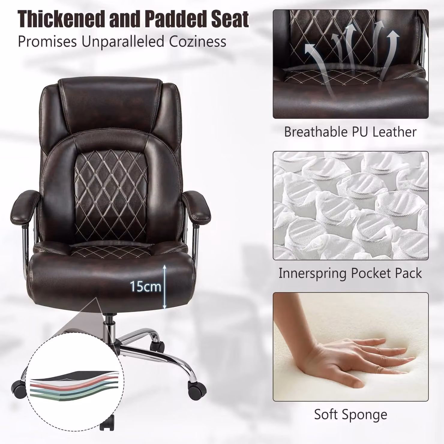 Costway Brown Leather Executive Office Chair with Headrest and Armrests, 227kg Capacity – 5
