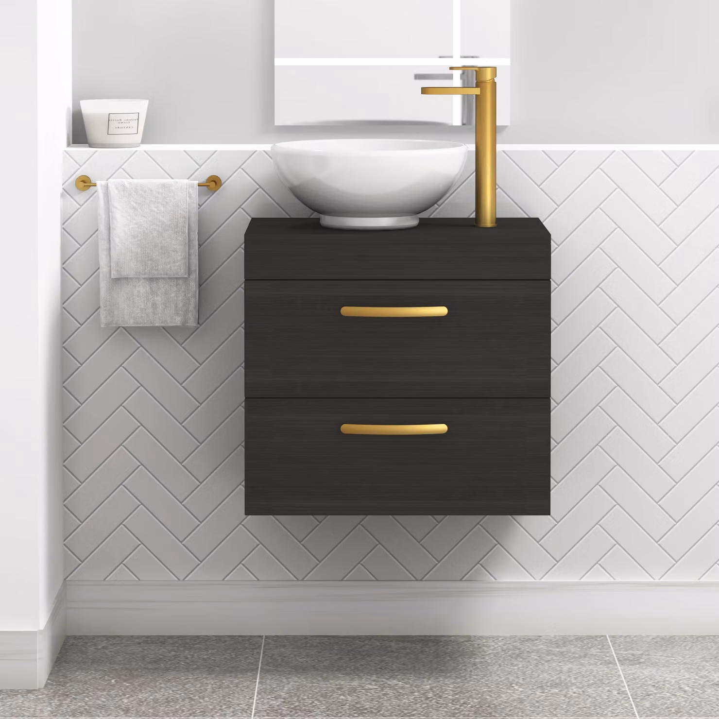Royal Bathrooms Charcoal Oak Wall Mounted 2 Drawer Bathroom Vanity Unit with Breeze Countertop Sink and Brushed Brass Handle, Width: 60 cm