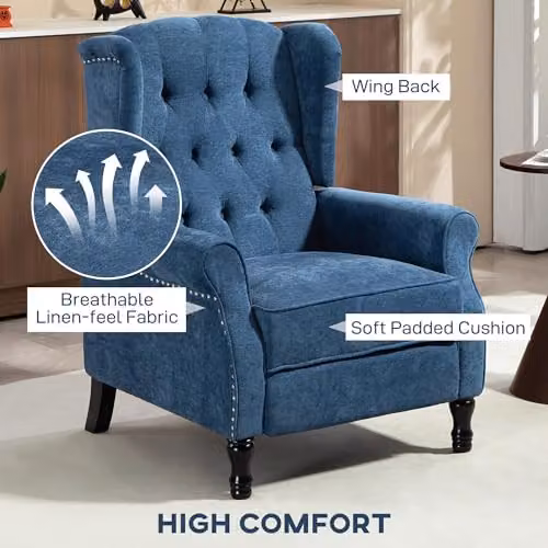 HOMCOM Vintage Manual Reclining Armchair with Integrated Footrest in Blue – 5
