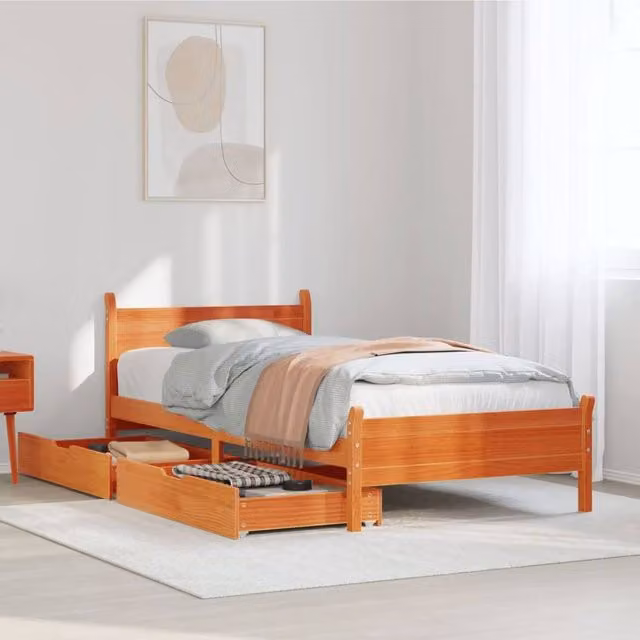 Berkfield Home Solid Wood Pine Bed Frame with Drawers, Wax Brown, W/D/H: 100 x 200 cm – 1