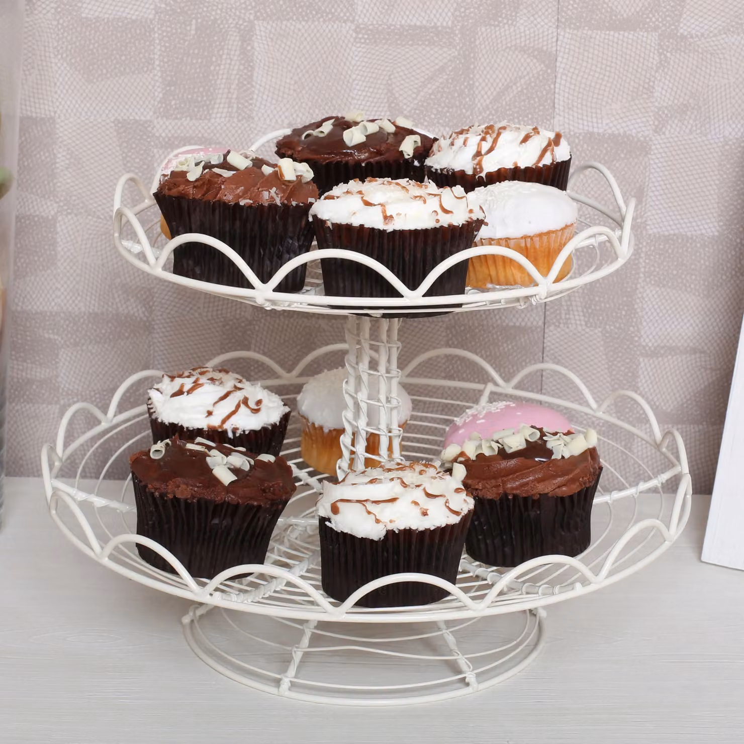 Orsina 2 Tier Round Wire Cake Stand in Beige and White – 2