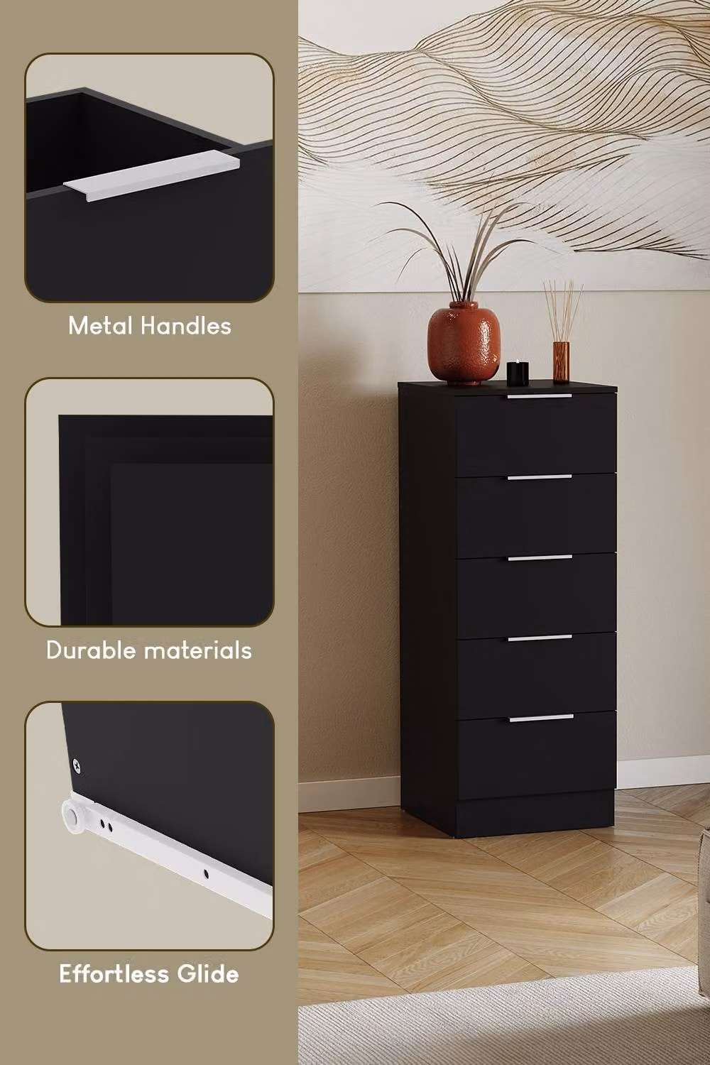 Vida Designs Trega 5 Drawer Narrow Chest of Drawers in Black – 3