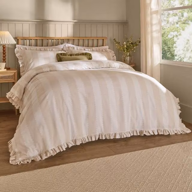 Furn Birdie Stripe Ruffle Cotton Duvet Cover Set in Natural/Beige, Reversible, W: 140 cm, L: 200 cm