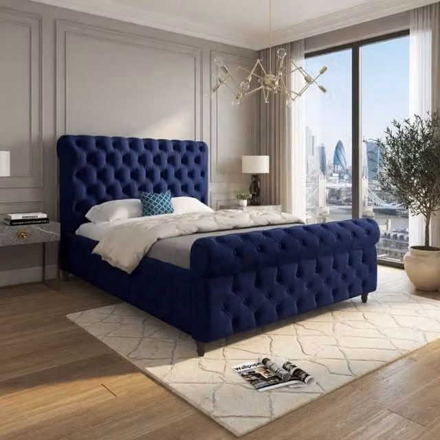 KDMD Tickencote Sleigh Upholstered Designer Bed Frame in Blue Soft Velvet, Size: Super King, W/D/H: 200 x 189 x 119 cm