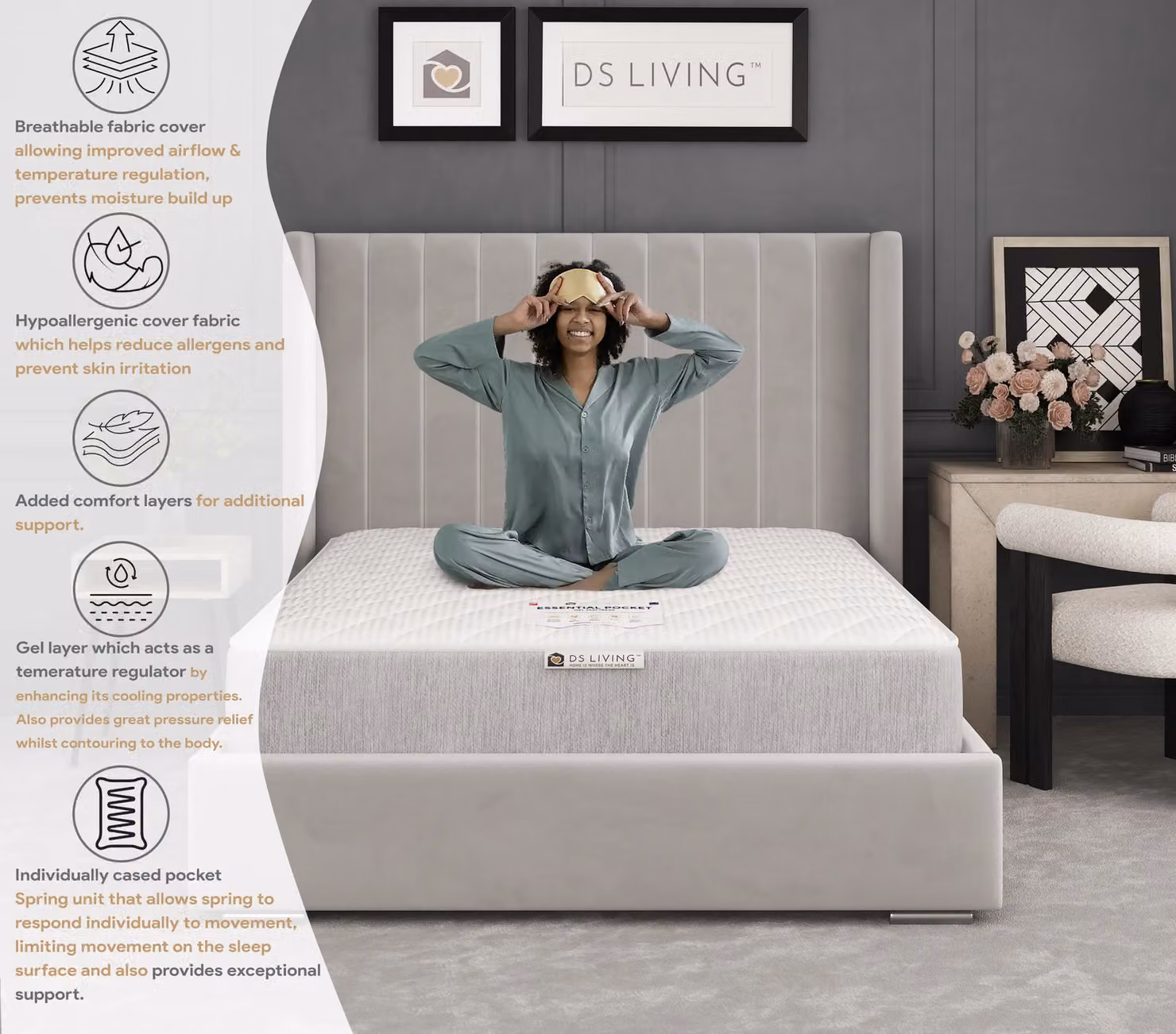 DS Living Imperial Hybrid Pocket Gel Essentials Mattress in Grey, Size: Double (140 x 200 cm) – 5