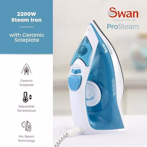 Swan SI12052AQ 2200W Steam Iron with Ceramic Non-Stick Soleplate and Anti-Calc Function, White and Aqua – 2