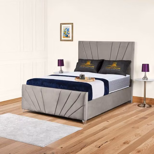 UK Bed Furniture Sunrise Upholstered Velvet Slatted Base Bed in Beige or Grey, Size: 140 x 200 cm – 1