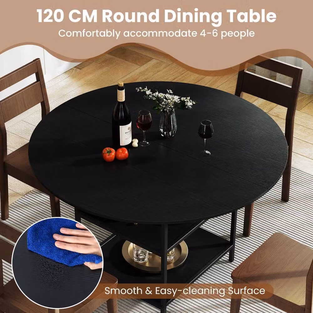 Costway Modern Round Dining Table with 2 Storage Shelves in Black, Diameter: 120 cm – 6