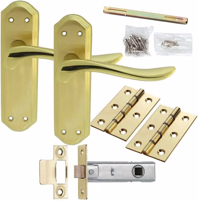 Loops Brass Door Handle and Latch Pack with Modern Curved Sculpted Lever and Ornate Backplate in Gold