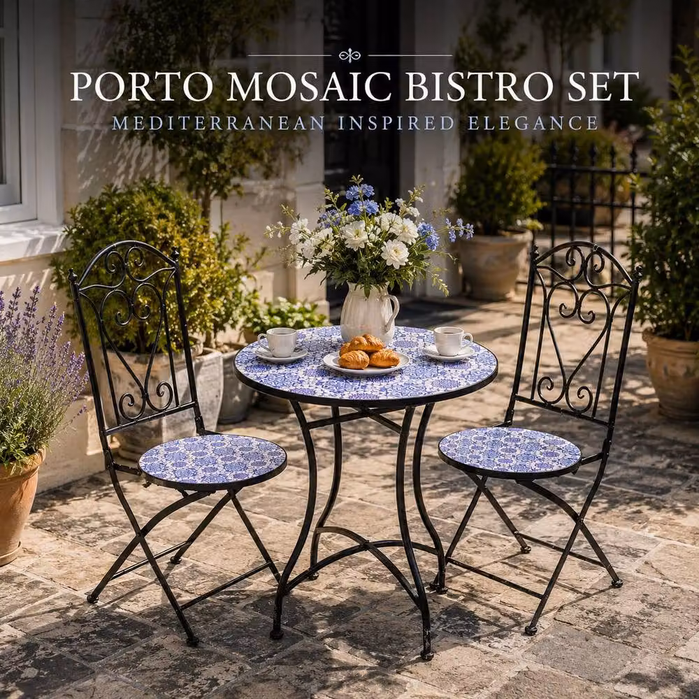 Shatchi Three Piece Mediterranean Mosaic Bistro Set with Blue Ceramic Round Table and Chairs – 4