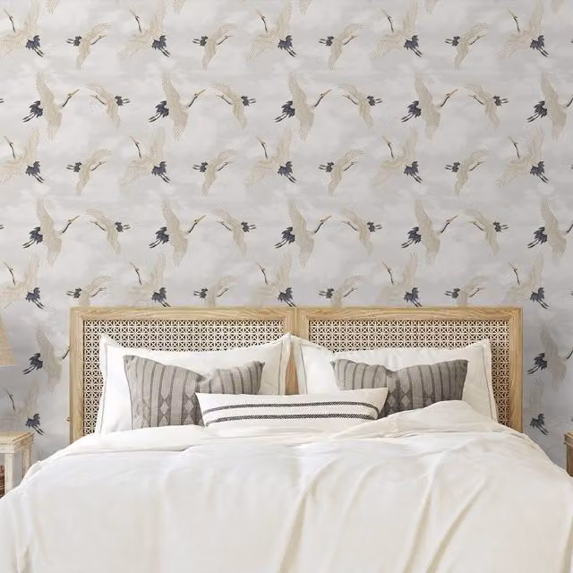 Muriva Oriental Japanese Birds and Cranes Feature Wallpaper in Grey, White, Blue and Silver