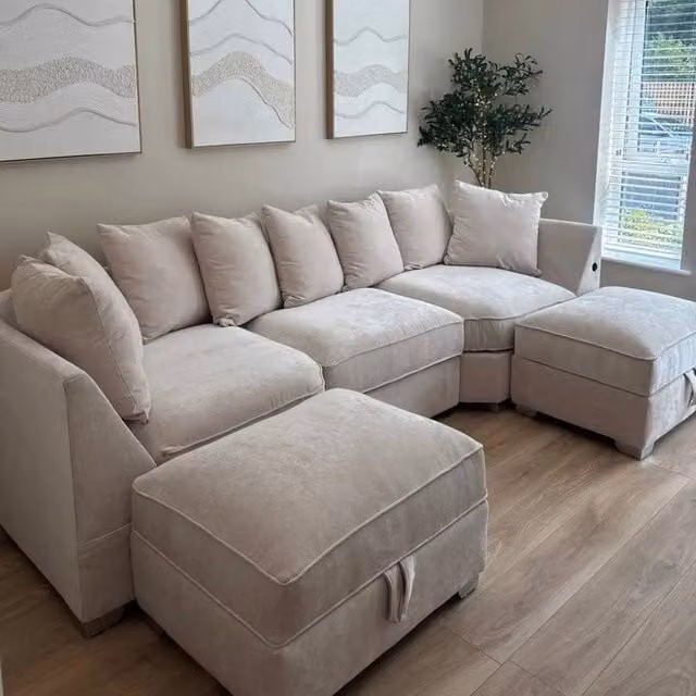Home & Love Bishop U Shape Cinema Corner Sofa in Cream with Scatter Cushions and USB Charging