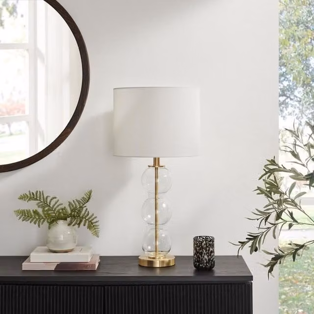 Furniturebox UK Misha Glass and Brass Bubble Stack Pillar Table Lamp in White and Gold/Brass