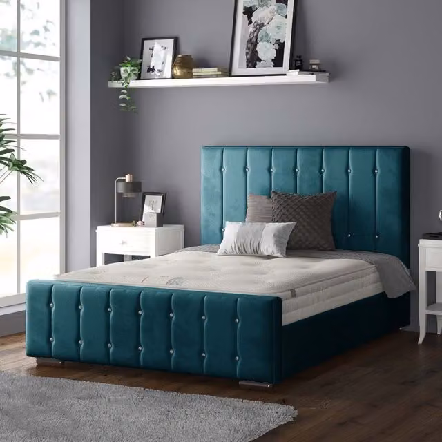 IH Design Anastasia Striped Plush Velvet Single Bed Frame in Petrol Blue, W/D/H: 90 x 190 cm