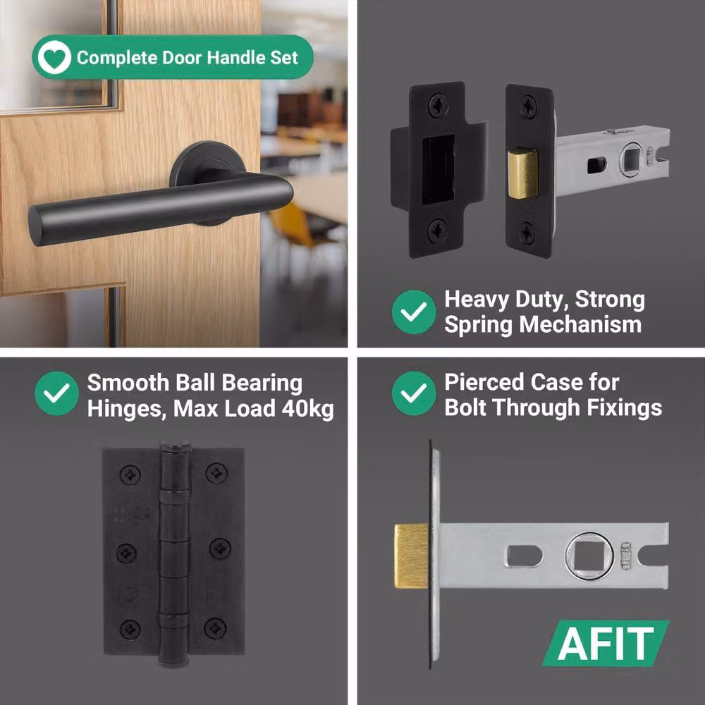 AFIT Matt Black Stainless Steel Lever on Rose Door Handles with Latch and Hinge Kit, W/D/H: 150 x 150 x 76 mm – 4