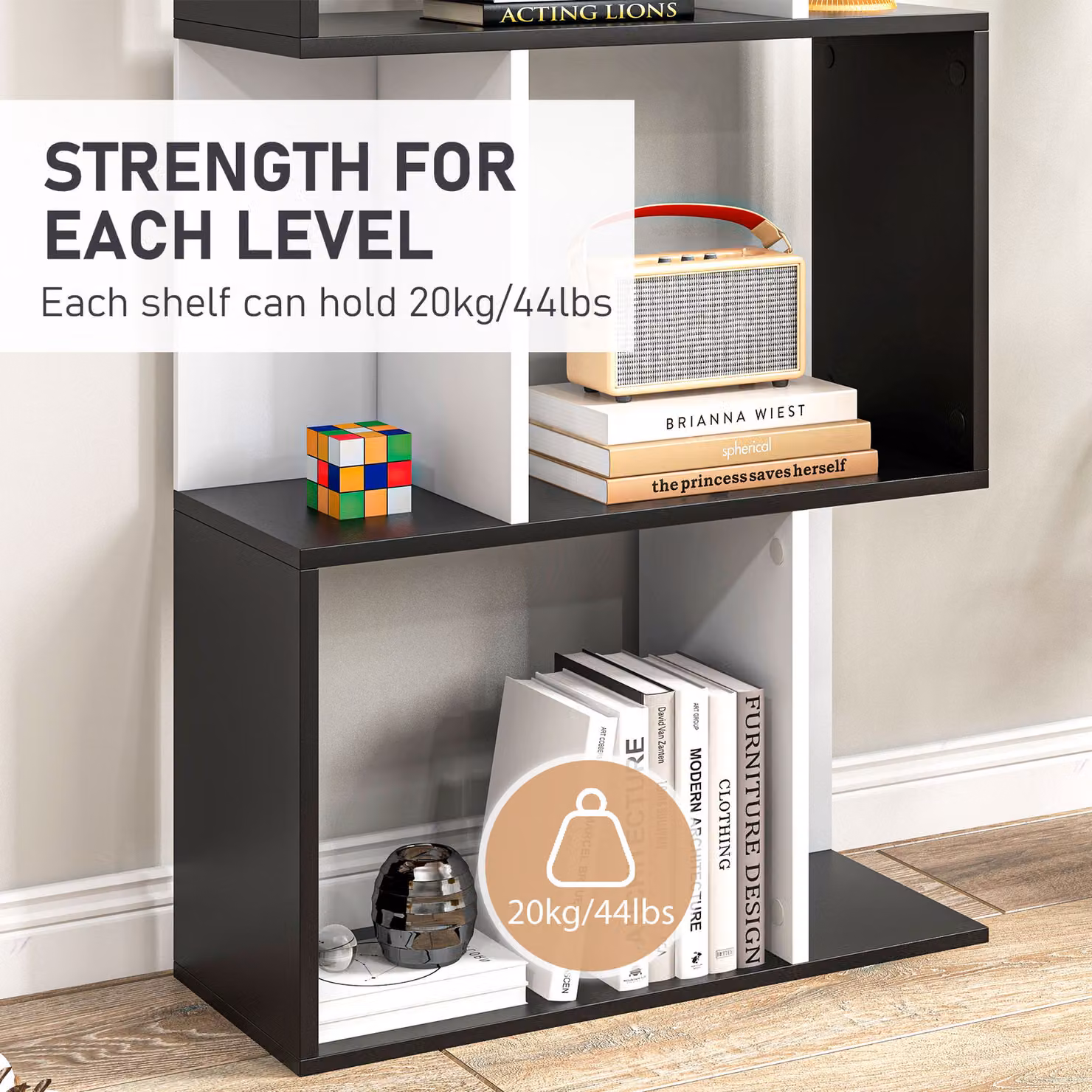 HOMCOM 5-Tier S-Shaped Wooden Bookcase and Display Shelving in Black and White, H 184.5 x W 60 x D 24 cm – 4
