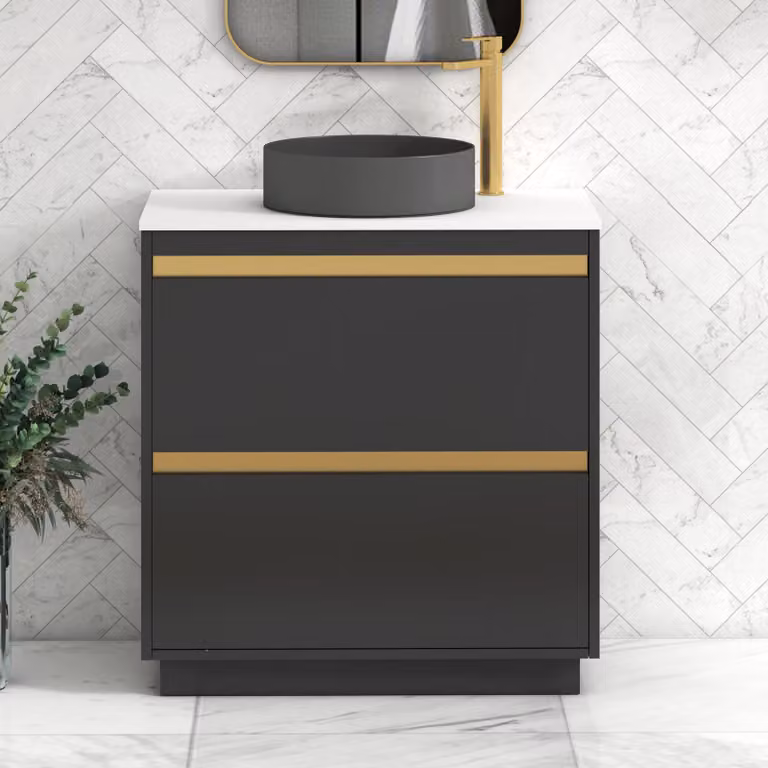 Royal Bathrooms Orion 800mm Matt Obsidian Black Floor Standing Vanity Unit with 2 Drawers, White Countertop and Art Round Basin with Brushed Brass Accent Trim