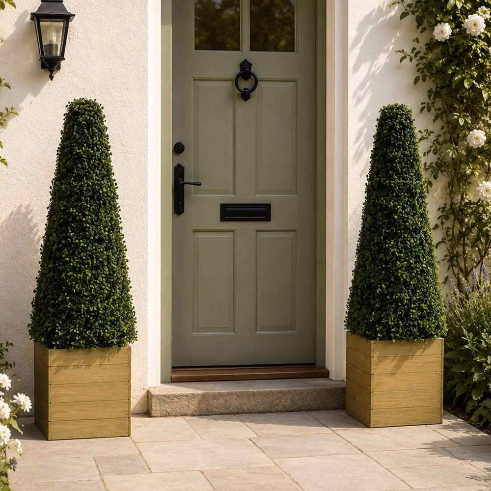 Oypla Set of 2 Artificial Topiary Boxwood Pyramid Tabletop Trees in Green – 5