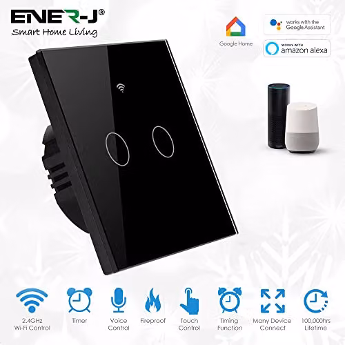 ENER-J Smart WiFi 2 Gang Touch Light Switch with Black Glass Panel, No Neutral Wire Required, Compatible with Alexa and Google Home – 2
